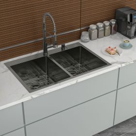 Double Bowl Drop in Sink- 33" x 22" x 10" Gunmetal Black Double Bowl Kitchen Sink 16 Gauge with Two 10" Deep Basin